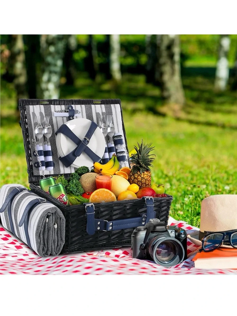 Classic Navy Picnic Basket Set with Plates and Cutlery